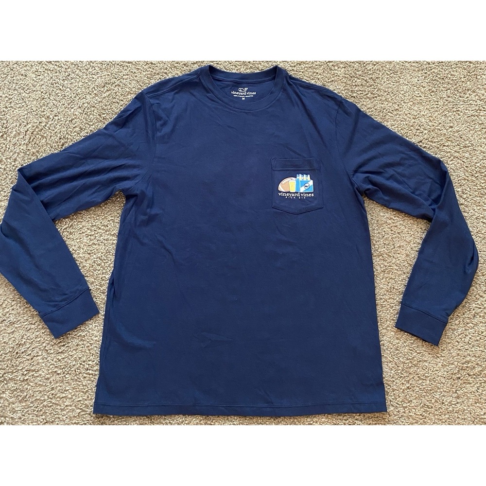 Vineyard Vines Shirt Mens Long Sleeve Football Pick Six‎ Pocket Blue Size Medium